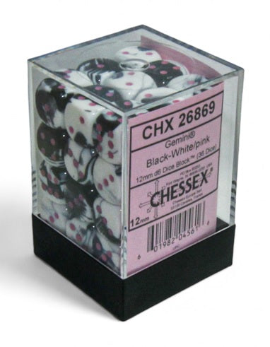 Chessex: Gemini: 12mm d6 Black-White/pink Dice Block (36 dice)