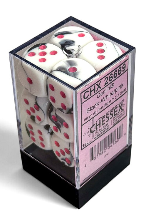 Chessex: Gemini: 16mm d6 Black-White/pink Dice Block (12 dice)