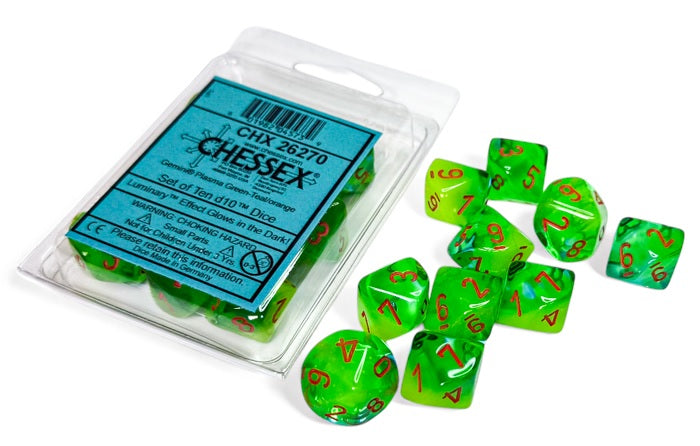Chessex: Gemini: Plasma Green-Teal/orange Luminary Set of Ten d10s