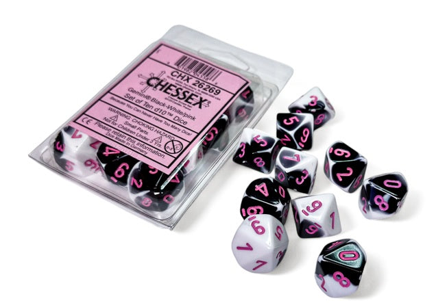 Chessex: Gemini: Black-White/pink Set of Ten d10s