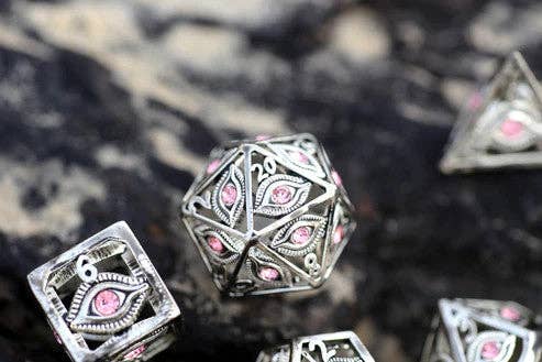 Hymgho Premium Dice - Dragon's Eye Hollow Metal Dice Set - Pink Gems