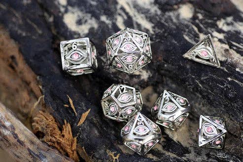 Hymgho Premium Dice - Dragon's Eye Hollow Metal Dice Set - Pink Gems