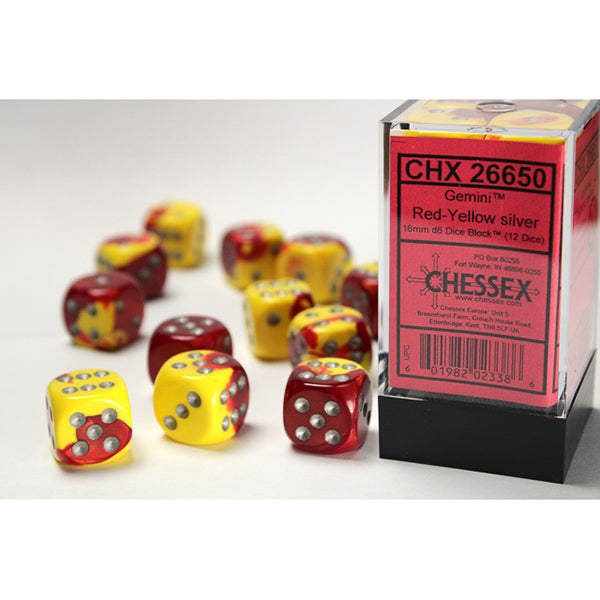 Chessex Dice: Gemini 5: 16mm D6 Red Yellow/Silver (12)