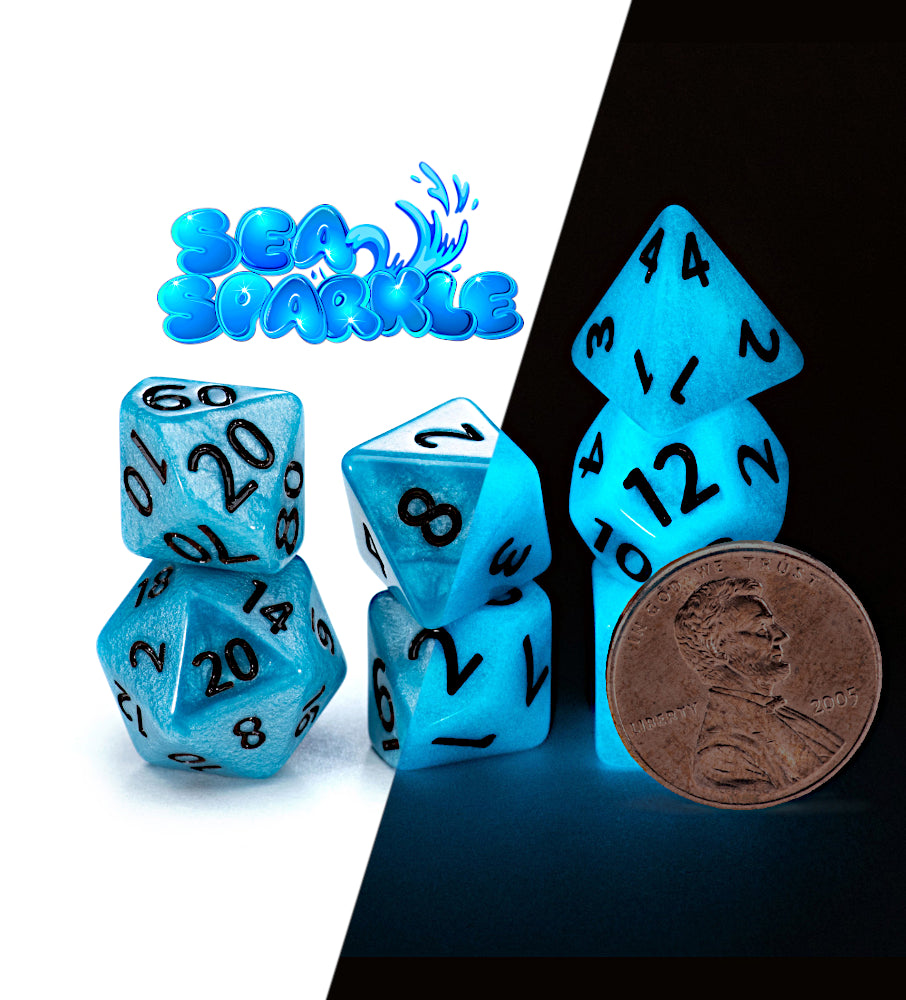 Gate Keeper Dice: “Sea Sparkle” 12mm Glow-in-the-Dark Mighty Tiny Dice 7 Die Set