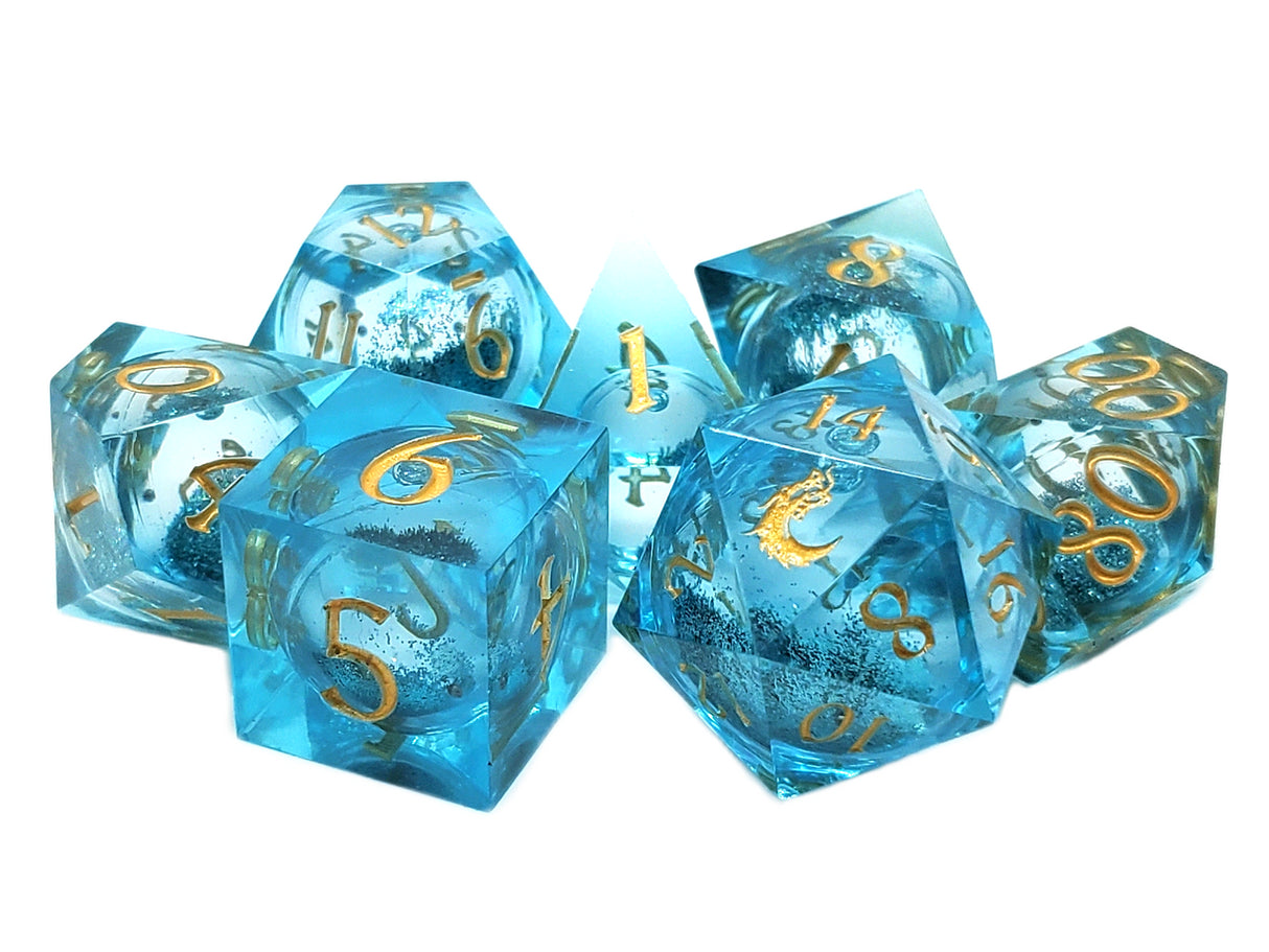 Old School 7-Piece Sharp Edged Dice Set: Liquid Infused - Azure Fury