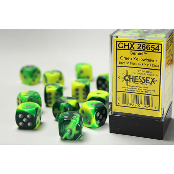 Chessex Dice: 16mm 12d6 Gemini: Green-Yellow/Silver