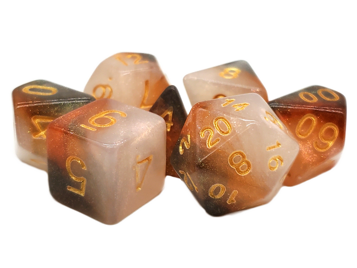 Old School 7 Piece DnD RPG Dice Set: Galaxy - Black, Orange & Ivory