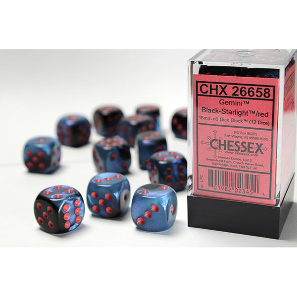 Chessex Dice: 16mm 12d6 Gemini: Black-Starlight/Red