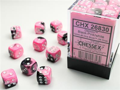Chessex: Gemini 12mm d6 Black-Pink/white Dice Block (36 dice)