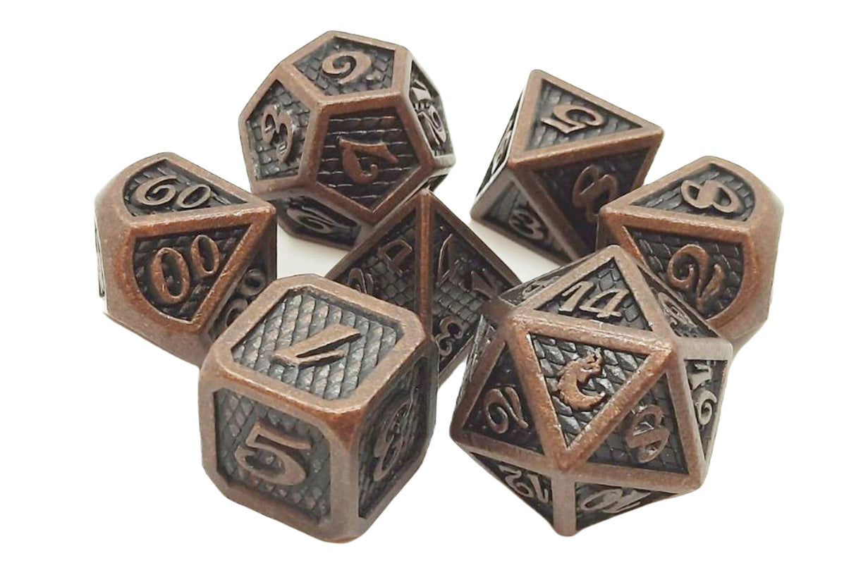 Old School 7 Piece DnD RPG Metal Dice Set: Dragon Scale - Ancient Bronze