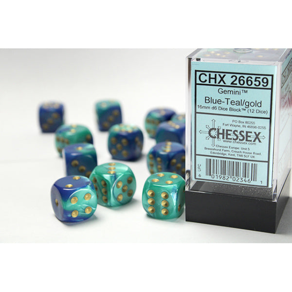 Chessex Dice: 16mm 12d6 Gemini: Blue-Teal/Gold