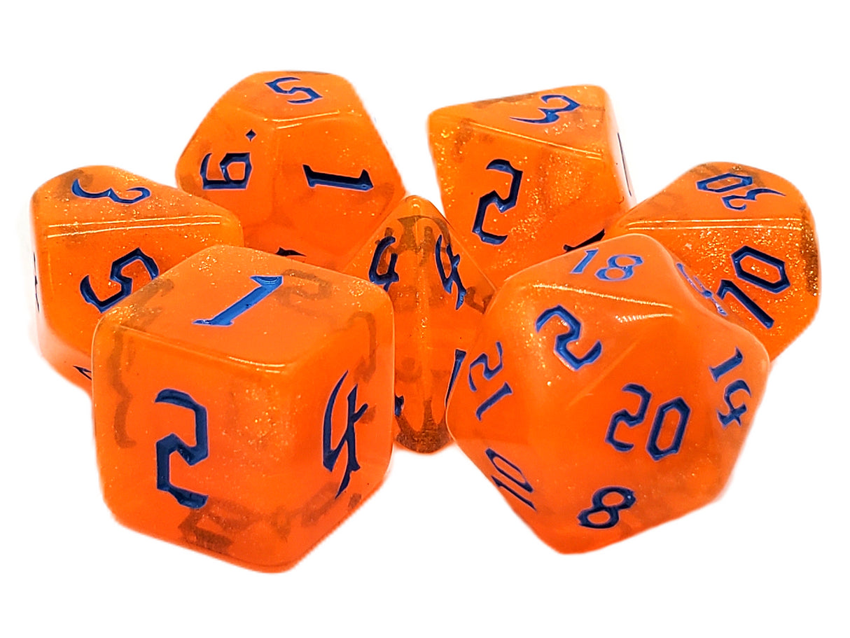 Old School 7 Piece DnD RPG Dice Set: Galaxy - Orange Shimmer