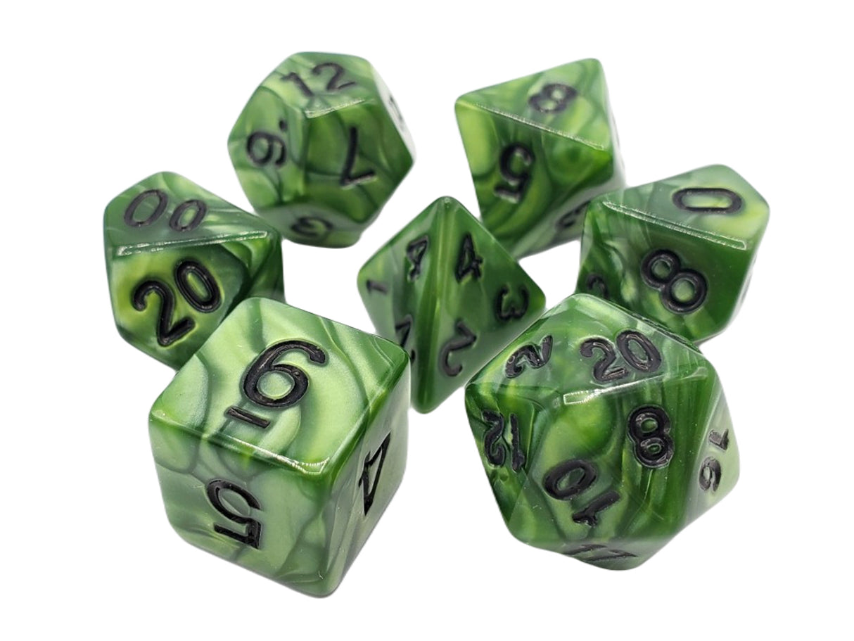Old School 7 Piece DnD RPG Dice Set: Pearl Drop - Forest Green w/ Black