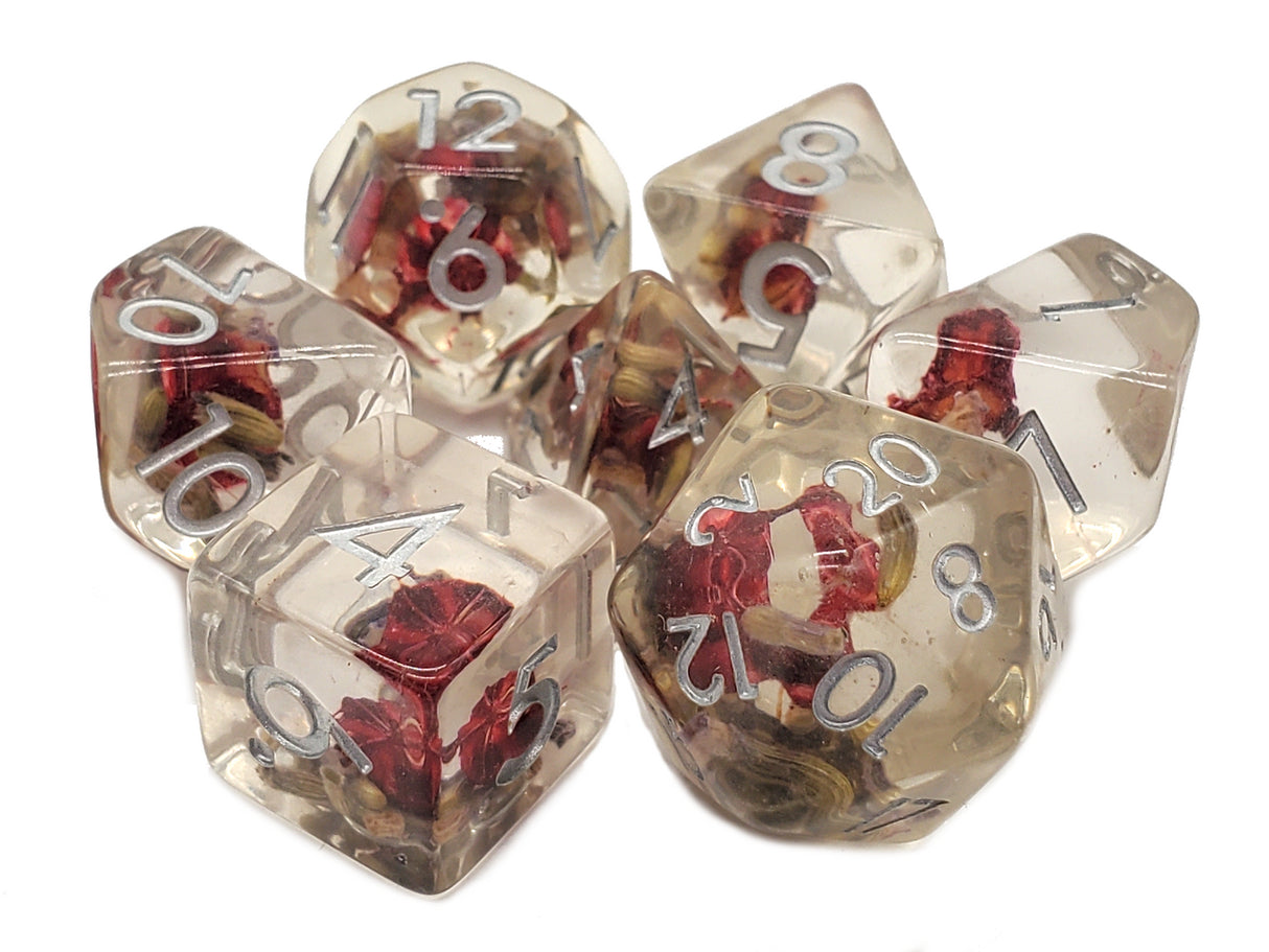Old School 7 Piece DnD RPG Dice Set: Infused - Red Flower