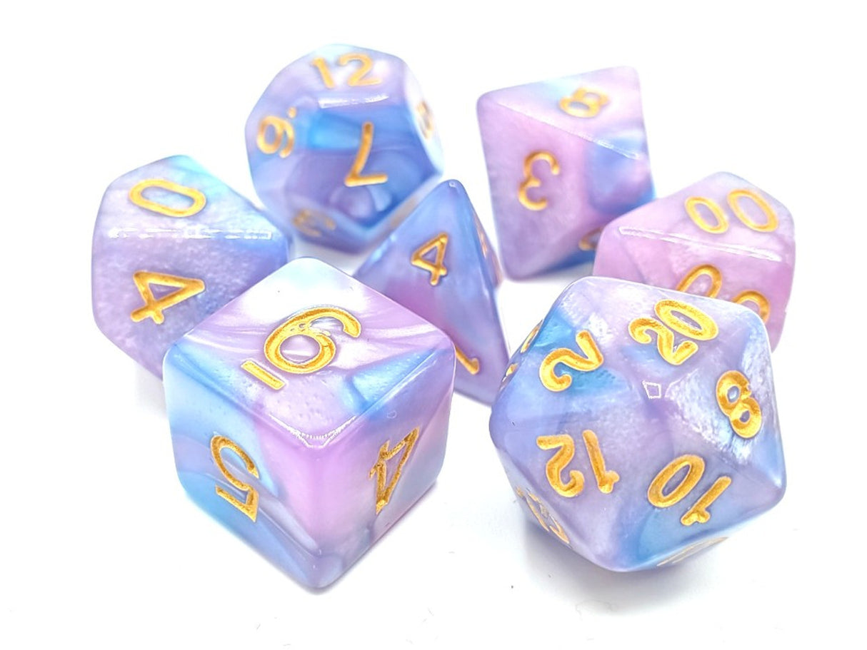 Old School 7 Piece DnD RPG Dice Set: Vorpal - Lilac & Light Blue w/ Gold