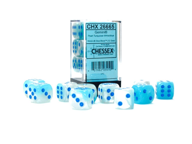 Chessex Dice: Gemini: 16mm d6 Pearl Turquoise-White/blue Luminary Dice Block (12 dice)