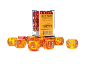 Chessex Dice: Gemini: 16mm d6 Translucent Red-Yellow/gold Dice Block (12 dice)