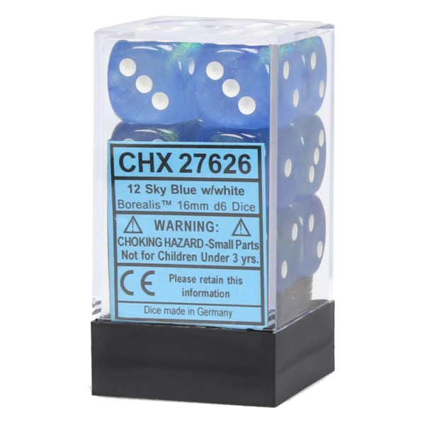 Chessex Dice: Borealis 16mm D6 Sky Blue/White/Black (12)