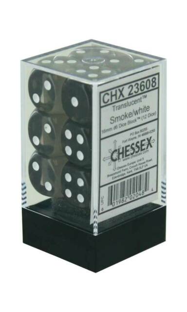 Chessex Dice: Translucent: 16mm D6 Smoke/White (12)