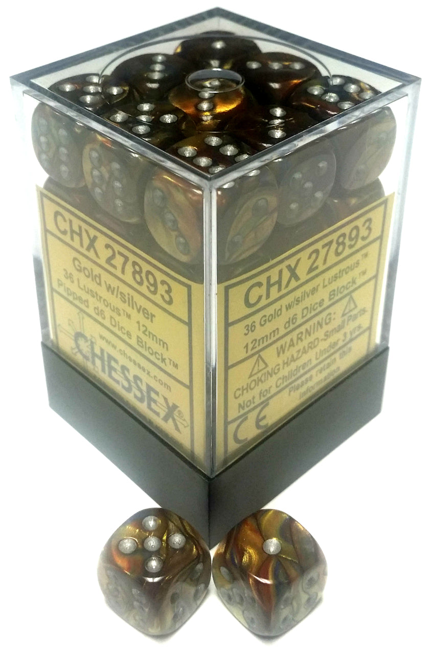 Chessex Dice: Lustrous: 12mm D6 Gold/Silver/Black (36)