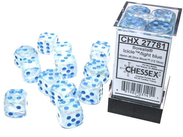 Chessex Dice: Borealis: 16mm Icicle/light blue Luminary Dice Block (12)