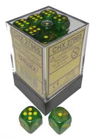 Chessex Dice: Menagerie 10: 12mm D6 Borealis Maple Green/Yellow (36)