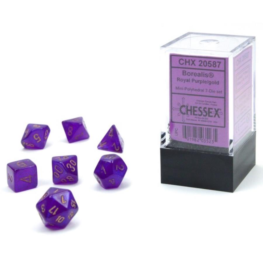 Chessex Dice: Borealis: Mini-Polyhedral Royal Purple/gold Luminary 7-Die Set