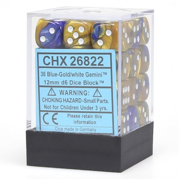 Chessex Dice: Gemini 12mm D6 Blue Gold/White (36)