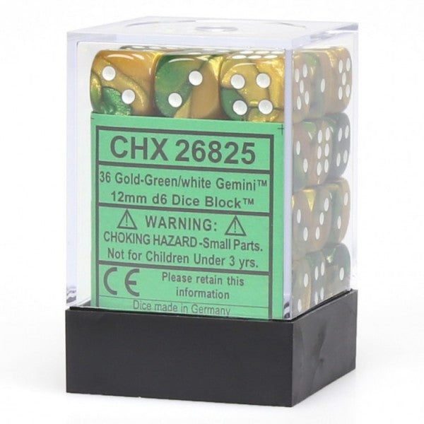 Chessex Dice: Gemini 12mm D6 Gold Green/White (36)