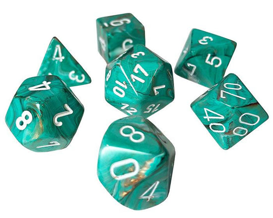 Chessex Dice: Marble: Mini-Polyhedral Oxi-Copper/White 7-Die Set