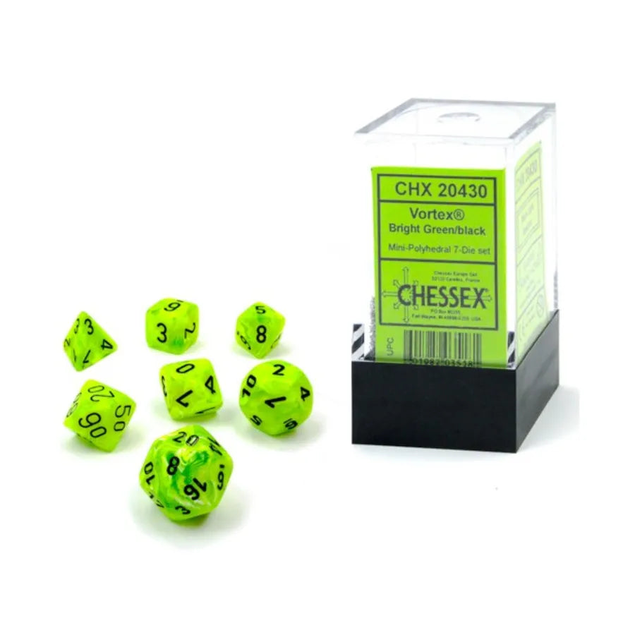 Chessex Dice: Vortex: Mini-Polyhedral Bright Green/black 7-Die Set