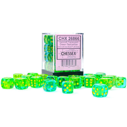 Chessex Dice: Gemini: 12mm d6 Translucent Green-Teal/yellow Dice Block (36 dice)