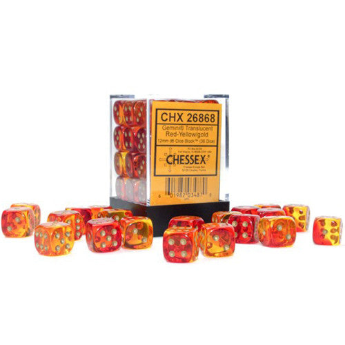 Chessex Dice: Gemini: 12mm d6 Translucent Red-Yellow/gold Dice Block (36 dice)
