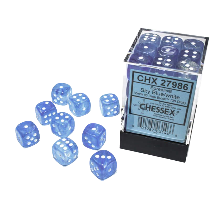 Chessex Dice: Borealis: 12mm Sky Blue/white Luminary Dice Block (36)