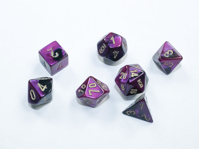 Chessex Dice: Gemini: Mini-Polyhedral Black-Purple/gold 7-Die Set