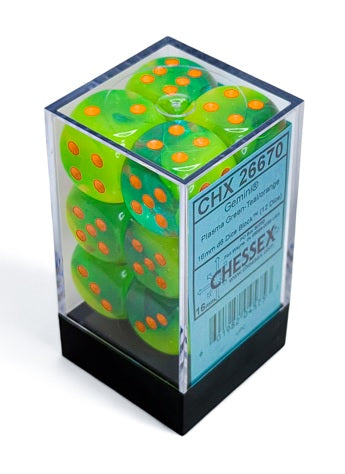 Chessex: Gemini: 16mm d6 Plasma Green-Teal/orange Luminary Dice Block (12 dice)
