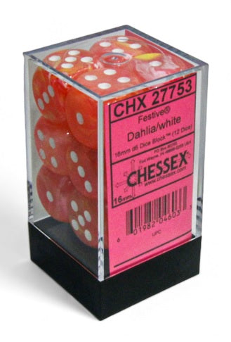 Chessex: Festive: 16mm d6 Dahlia/white Luminary Dice Block (12 dice)