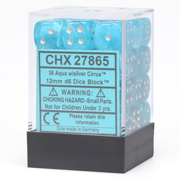 Chessex Dice: Cirrus 12mm D6 Aqua/Silver (36)