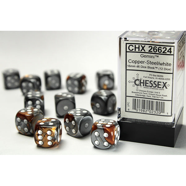 Chessex Dice: Gemini: Copper-Steel/White 16mm D6