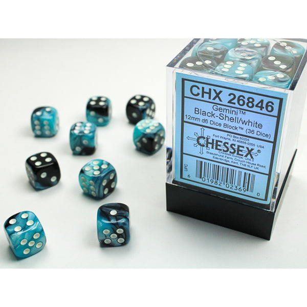 Chessex Dice: 12mm 36d6 Gemini: Black-Shell/White