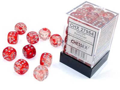 Chessex Dice: Nebula: 12mm d6 Red/silver Luminary Dice Block (36 dice)