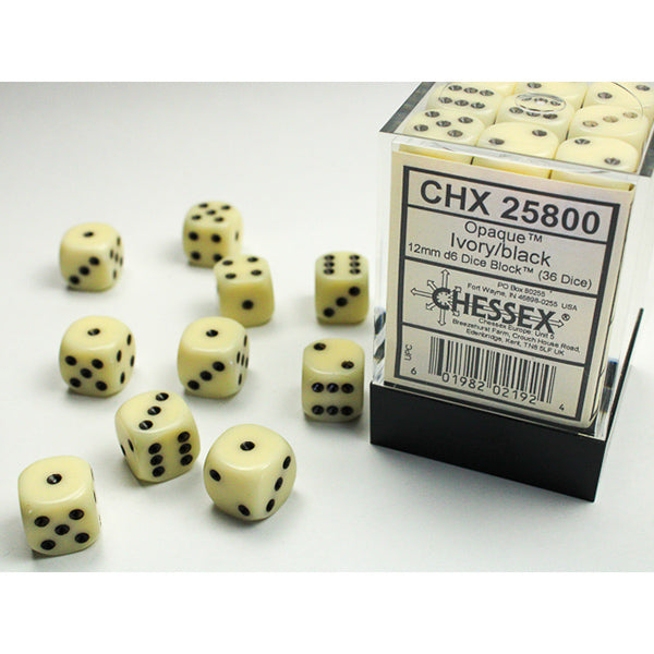 Chessex: 12mm 36d6 Opaque: Ivory/Black