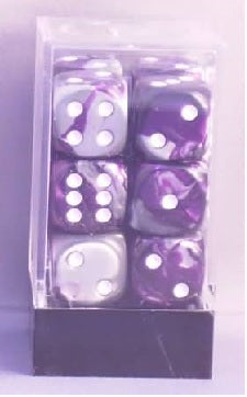 Chessex Dice: 16mm D6 Gemini Purple-Steel/White (12)