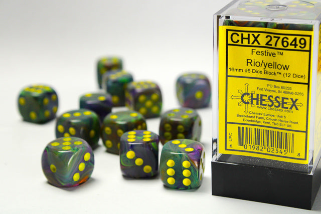 Chessex Dice: Festive Rio w/Yellow 16mm D6 (12)