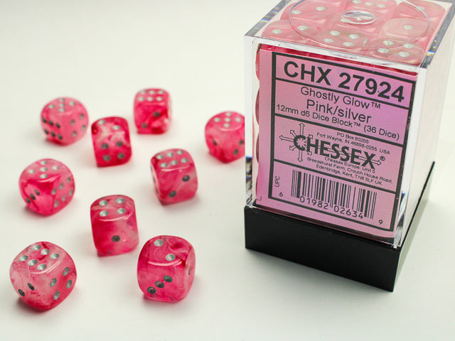 Chessex Dice: Ghostly Glow Poly 36D6 Pink/Silver 12mm