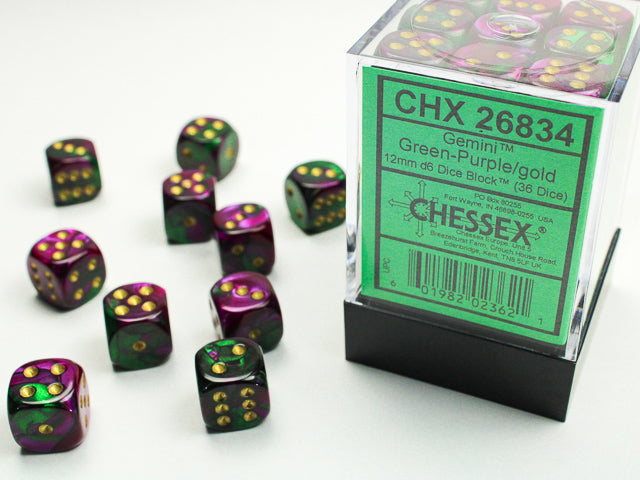 Chessex Dice: Gemini 3: 12mm D6 Green Purple Gold/Black (36)