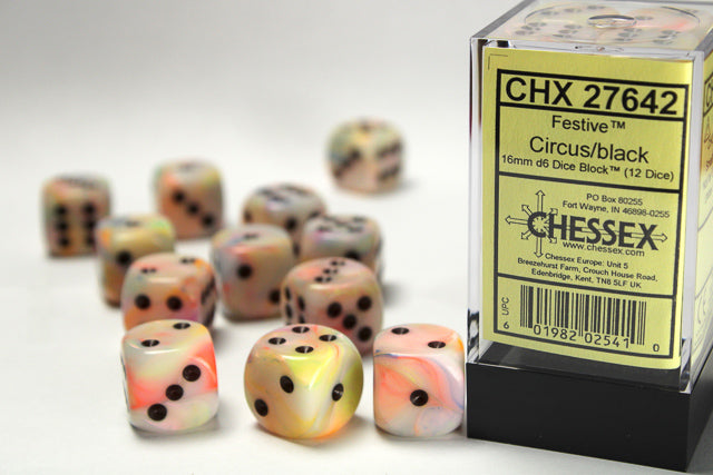 Chessex Dice: Festive Circus/Black 16mm D6 (12)