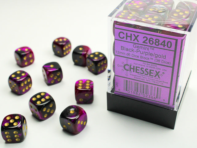 Chessex Dice: Gemini Black-Purple/Gold 12mm D6 Block (36)