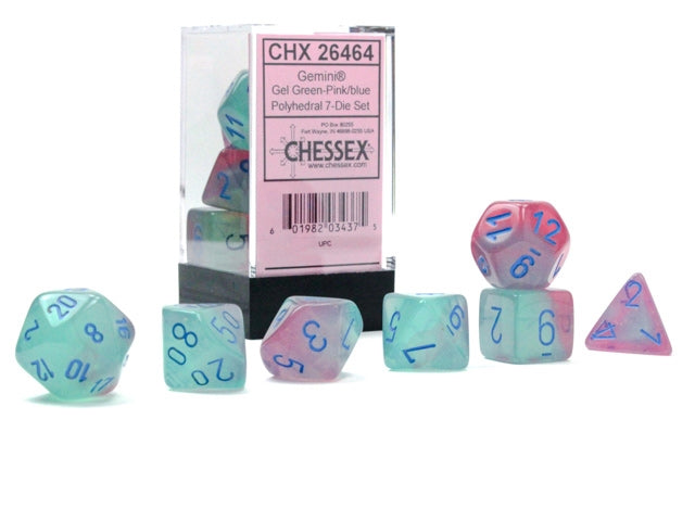Chessex Dice: Gemini: Poly Gel Green-Pink/blue Luminary 7-Die Set