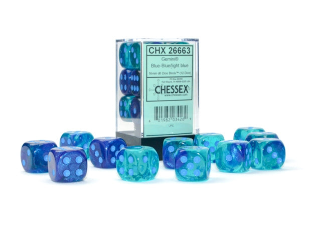 Chessex Dice: Gemini: 16mm d6 Blue-Blue/light blue Luminary Dice Block (12 dice)
